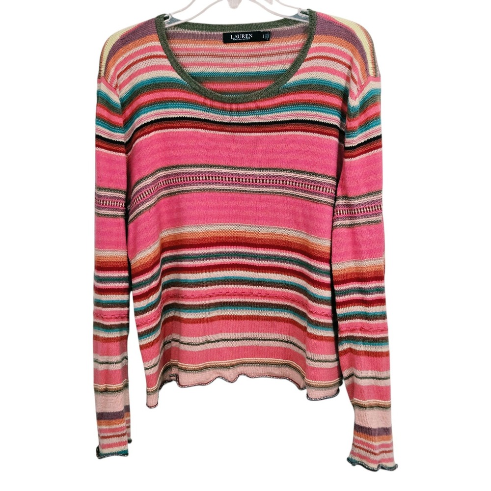 Lauren Ralph Lauren Sweater Womens Large Striped Linen Cotton Southwestern Pink